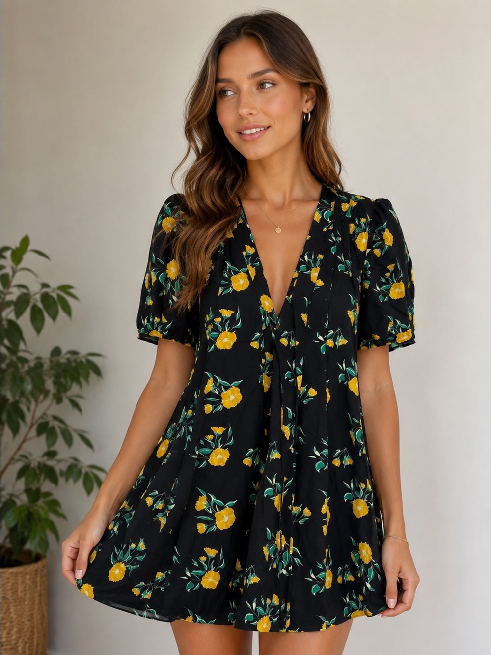 Free People Black Mini Dress with Yellow Floral Print